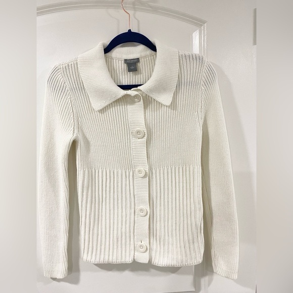 Ann Taylor Ivory Cable Knit Cotton Cardigan S Collared Button Down Sweater - Picture 1 of 8